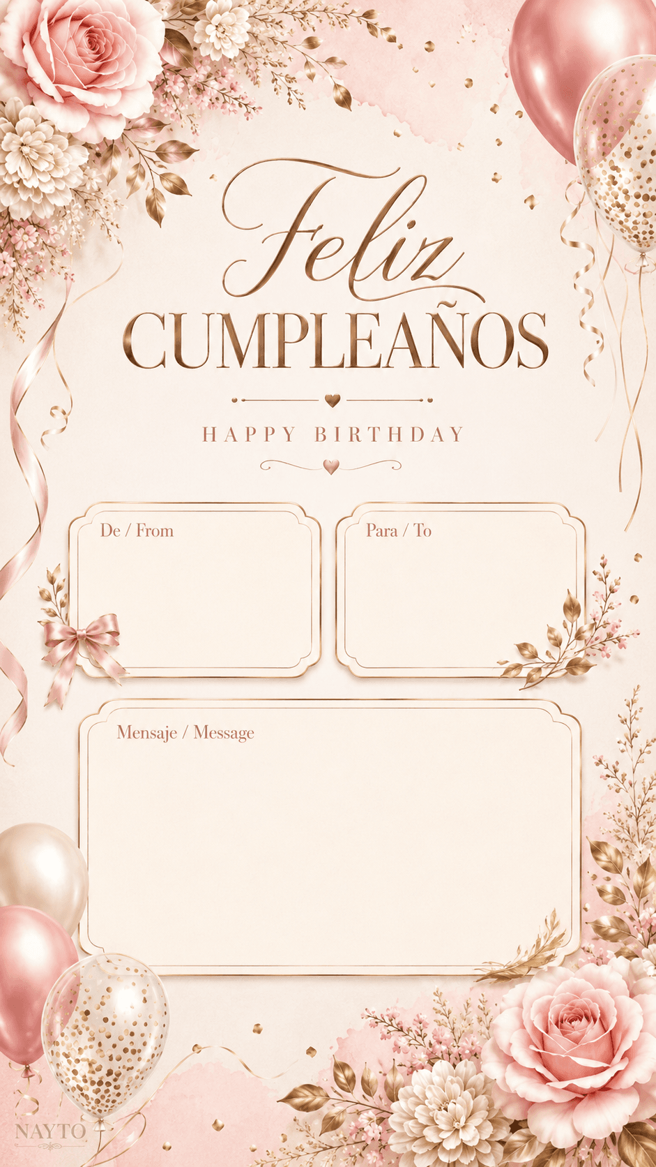 Tarjeta digital de cumpleaños floral en tonos rosa y dorado, personalizable con De, Para y Mensaje.