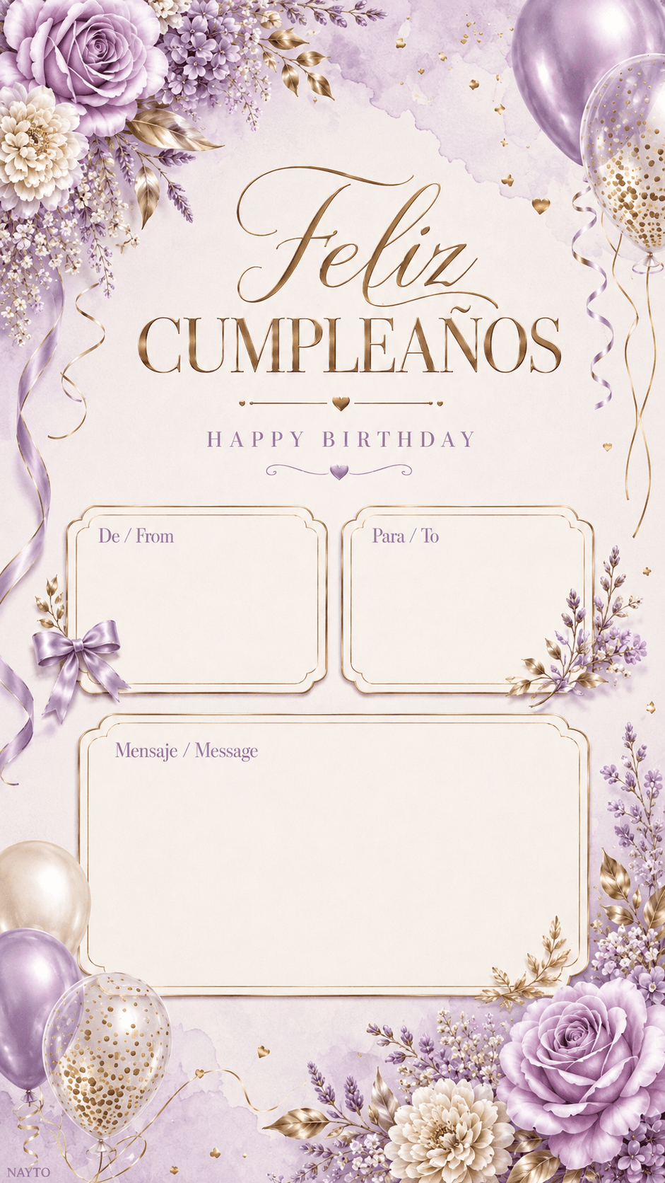 Tarjeta Digital de Cumpleaños Floral Lila y Dorado
