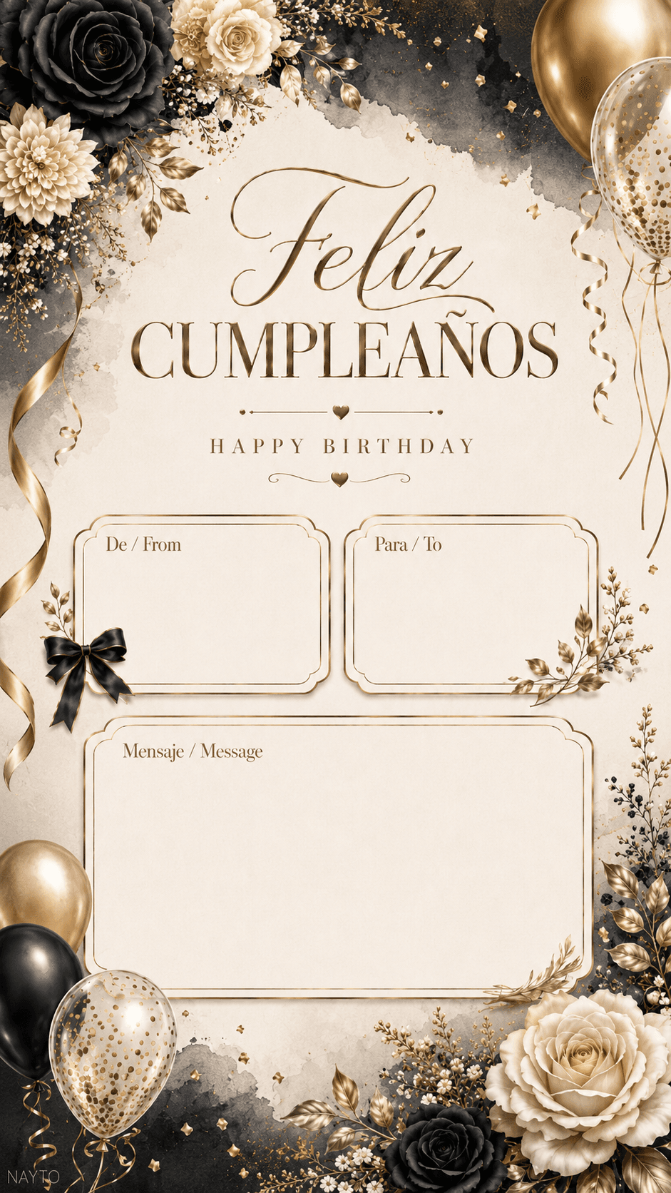 Tarjeta Digital de Cumpleaños Floral Negro y Dorado