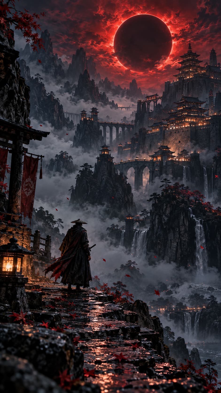 Ronin solitario de espaldas sobre un sendero de piedra, frente a una ciudad entre montañas y niebla bajo un eclipse rojo.