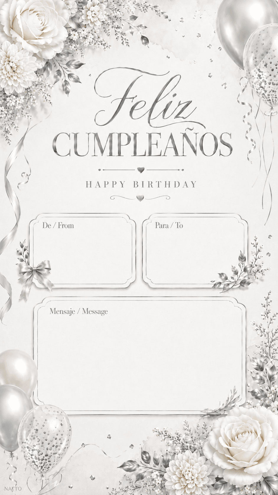 Tarjeta Digital de Cumpleaños Floral Blanco y Plata