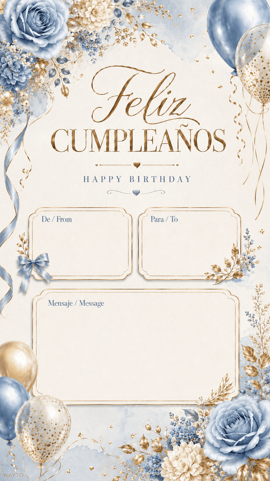 Tarjeta Digital de Cumpleaños Floral Azul y Dorado